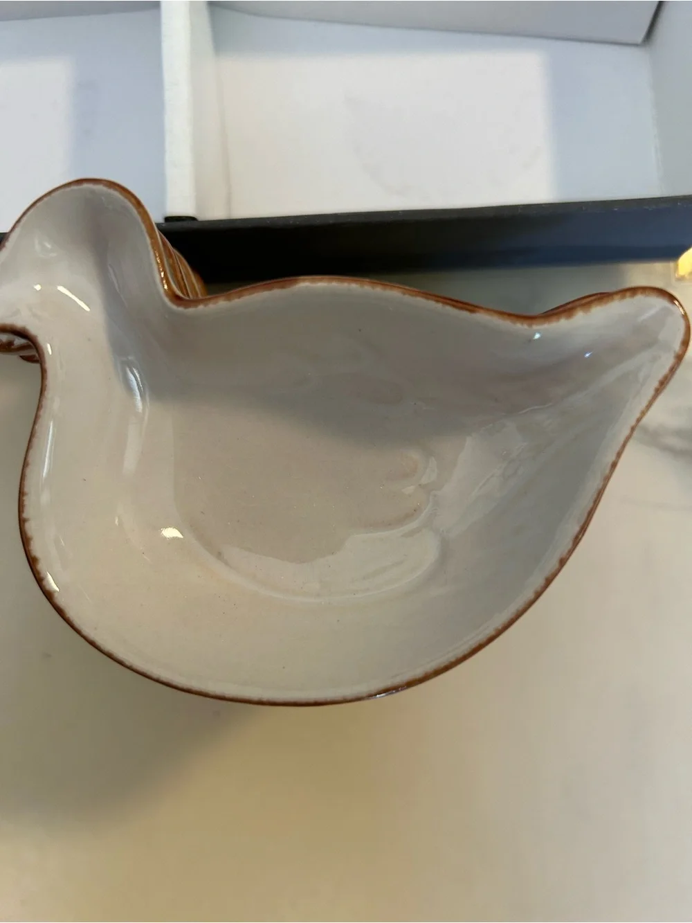 Set of 4 White Ceramic Duck shaped Dipping Dishes with Rusti Brown Rim